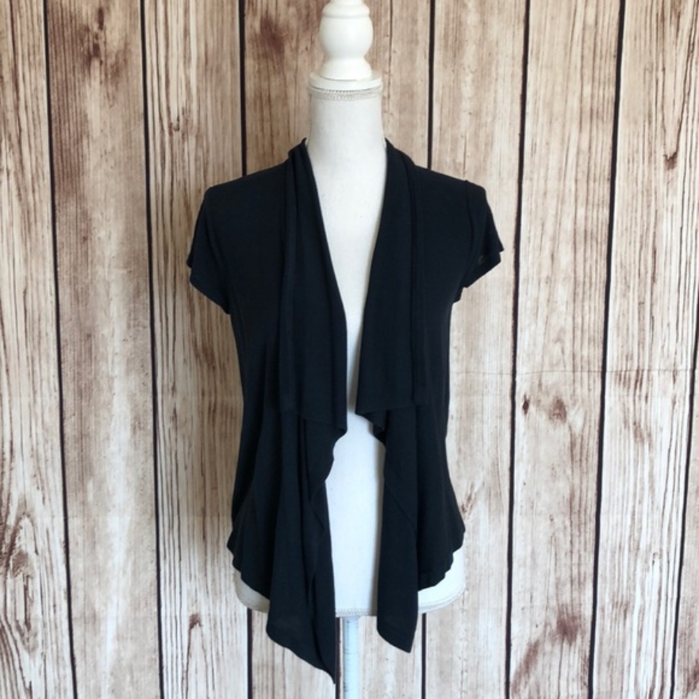Adrianna Papell Blue Short Sleeve Knit Draping Flowy Open Front Cardigan Small